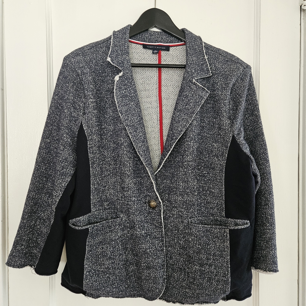 Women's Heathered Tommy HILFIGER Navy Knit Blazer w/ White Raw Edge Trim Detail